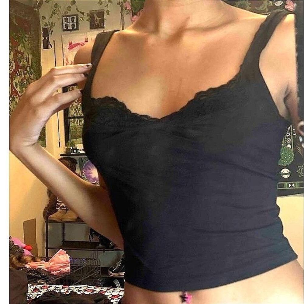 New Small Black‎ Lace Trim Square Neck Cami Tank Top Y2k Basic Stretch Layering
